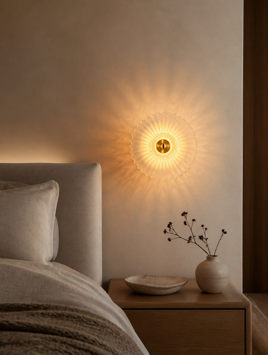Elowen sconce glowing in bedroom