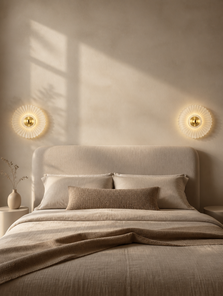 Elowen sconce pair flanking bed